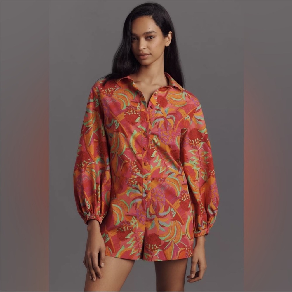 NWT Farm Rio x Anthropologie Long-Sleeve Printed Collared Romper